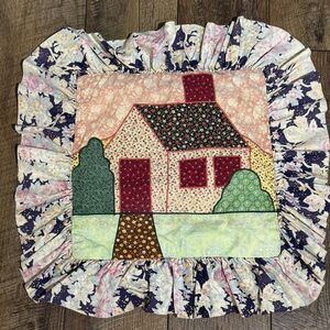 2 VTG Handmade Quilted House Pillow Cover Ruffled Floral Cottagecore Farmhouse